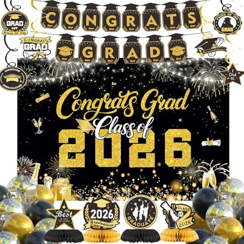 Orgcity Class of 2026 Graduation Decorations Set with Banner, Backdrop & Balloons