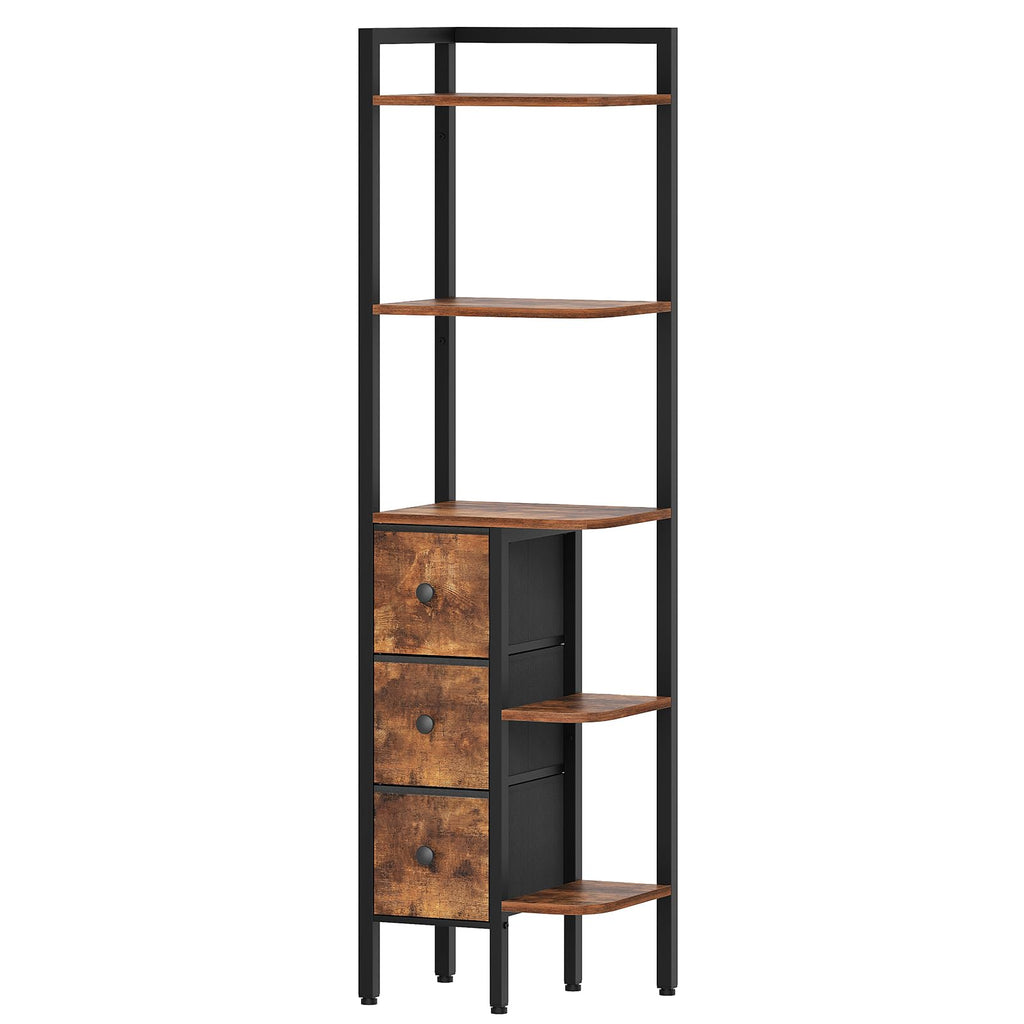 YATINEY Corner Shelf Stand, 5-Tier Corner Bookshelf with 3 Drawers, Industrial Display Shelf for Narrow Spaces, Wooden Small Bookcase, Easy Assembly, Rustic Brown and Black CJ10BR
