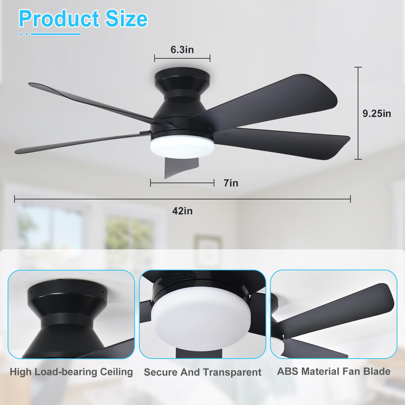 Depuley Modern Ceiling Fan with Light: 42-Inch Black Small Fans for Bedroom Indoor Outdoor - Dimmable Low Profile Ceiling Fans with Remote Control Flush Mount 5 Reversible Black Blades 6 Speeds Timer