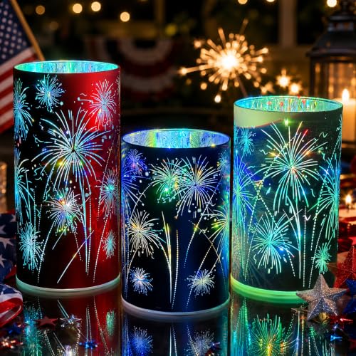Patriotic Firework Lanterns Set of 3 with RGB LED Lights - Red, White & Blue