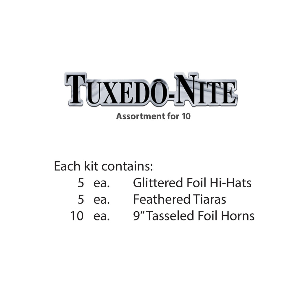 Beistle Tuxedo-Nite New Years Eve Party Assortment for 10 People- NYE Glittered Top Hats, Feathered Tiaras, Tassel Horns, Made in USA Since 1900