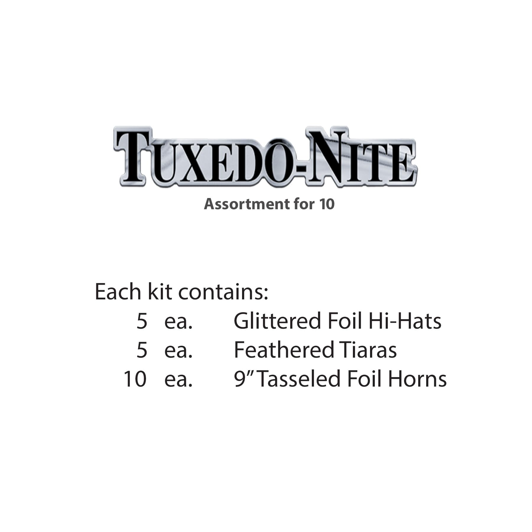 Beistle Tuxedo-Nite New Years Eve Party Assortment for 10 People- NYE Glittered Top Hats, Feathered Tiaras, Tassel Horns, Made in USA Since 1900