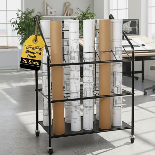 Houseables Blueprint Holder - 20 Slot Architect Storage Rack on Wheels | Durable Print Organizer