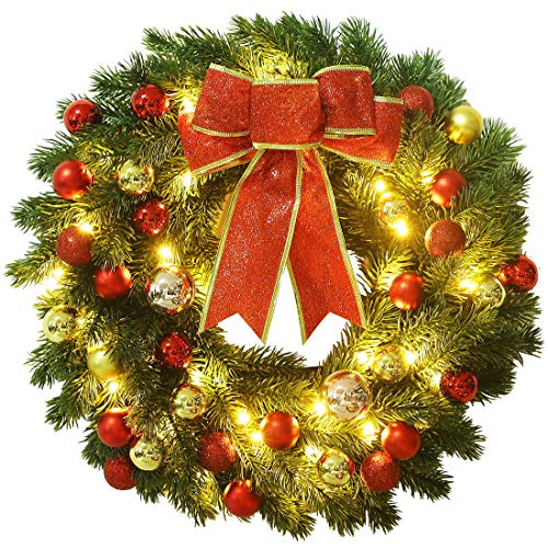 16-Inch Pre-lit Christmas Wreath with Hanging Hook and 40 LED Lights - Battery Operated Holiday Decor