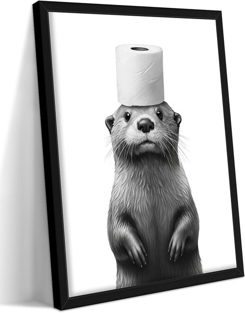 Framed Funny Bathroom Wall Art, Black and White Animal Canvas Wall Decor Painting, Cute Otter Holding Toilet Paper on Head Prints Pictures for Bathroom Restroom 8x10 Inch Black Frame