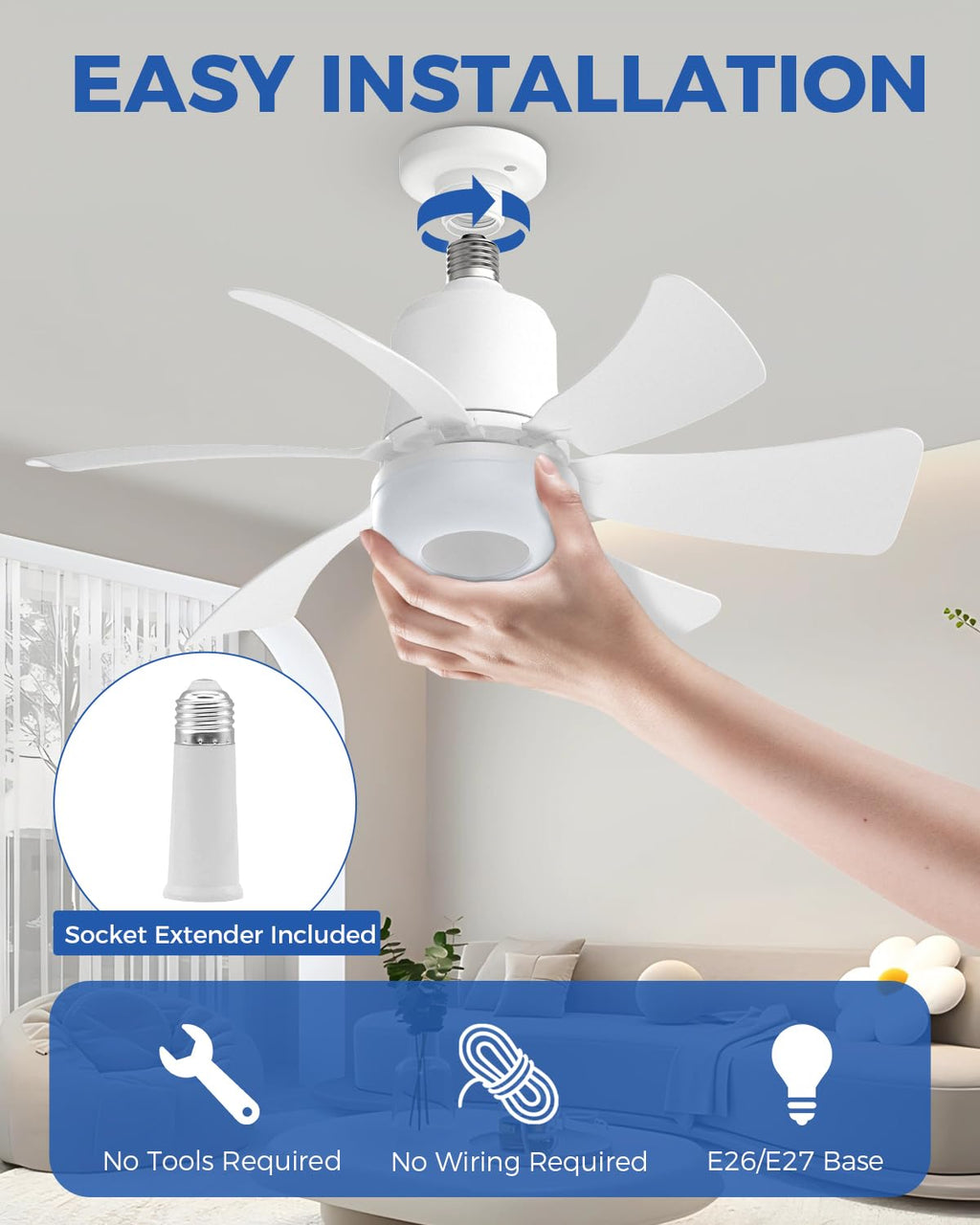 AURALK Socket Fan Light, 16.5" Small Ceiling Fans with Lights and Remote, Super Bright, 1800 Lumens, 3 Colors 3000K-6500K, Dimmable Screw in LED Light Bulb for Bedroom, Kitchen, Living Room