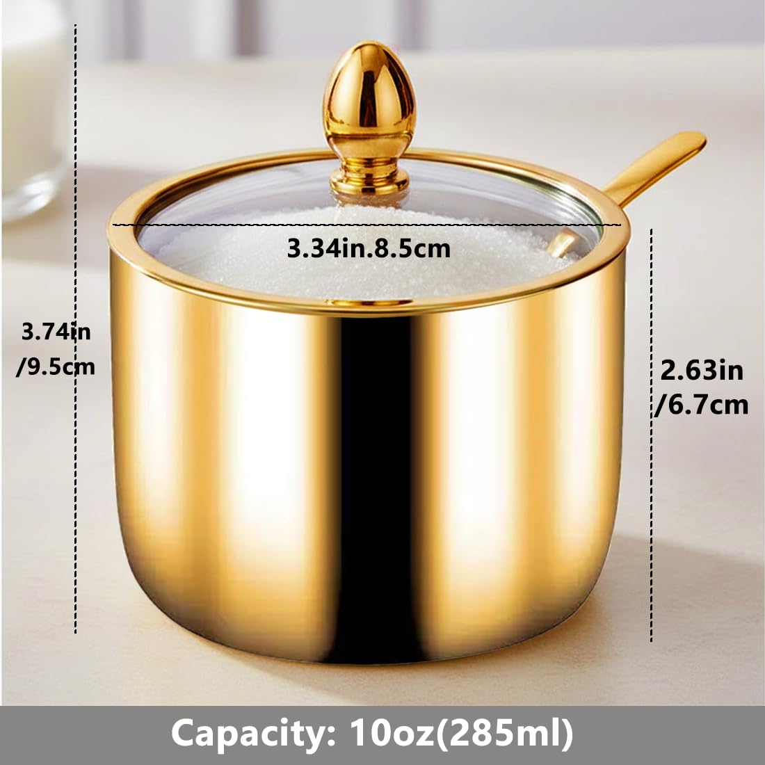 Phininia Coffee Bar Accessories Sugar Container with Glass Lid and Spoon, 10oz Gold Sugar Bowl for Kitchen Storage, Sugar Jar for Salt, Candy, Coffee Bean, Gold