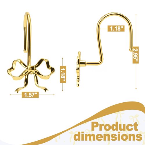 Kreapa Gold Bow Shower Curtain Hooks, 12 Pcs Metal Gold Shower Curtain Hooks for Bathroom Decor, Elegant and Rustproof, Suitable for Standard Showers Curtains Rods