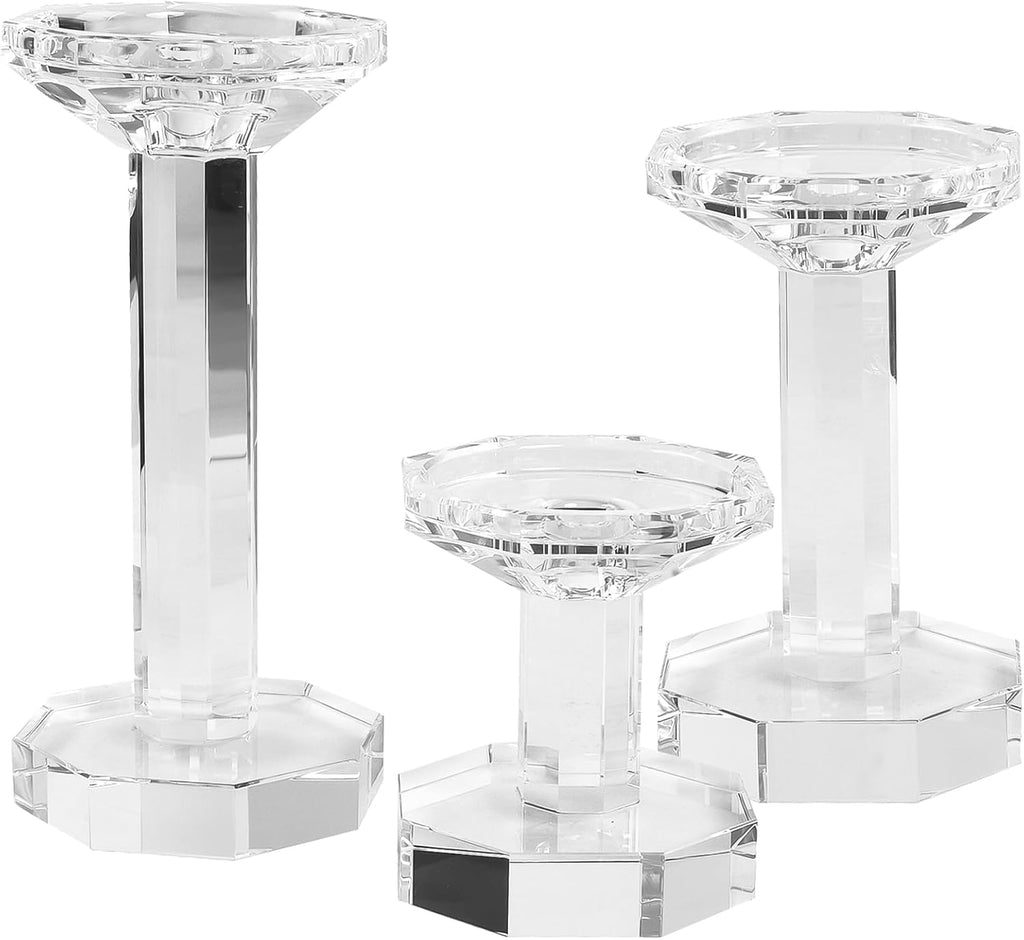 Skiennix Crystal Candlestick Holders - Set of 3 Clear Holders for Taper & Pillar Candles | Elegant Table Centerpieces (4''/6''/8'' Tall)