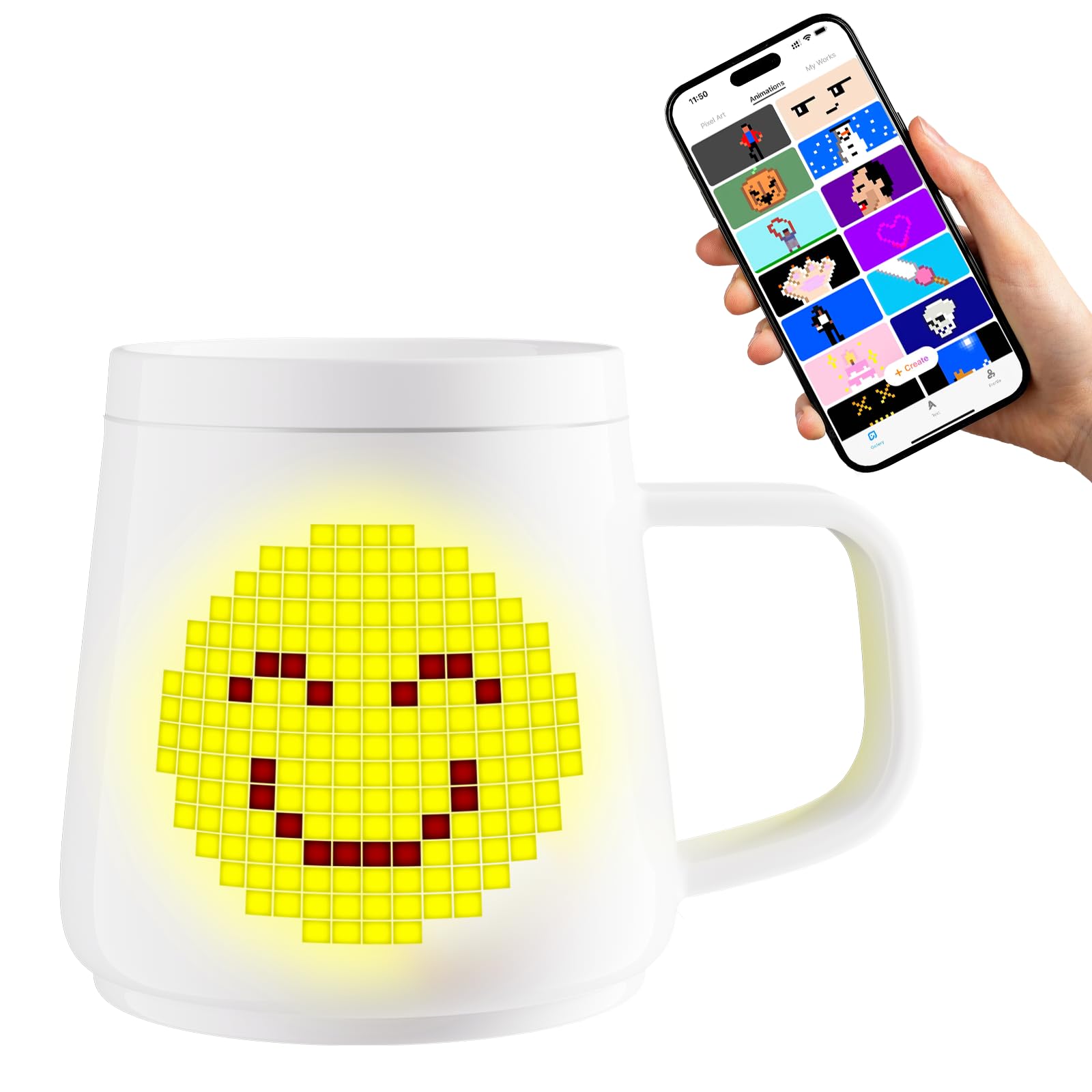 PixelMug P1:AI-Enhanced Smart Mug with Pixel Display|DIY Pixel Art|Remote Interaction|Coffee Temperature Tracking|App Control|Clock|Personalized Gift for Thanksgiving,Birthday,Christmas,Right Handle