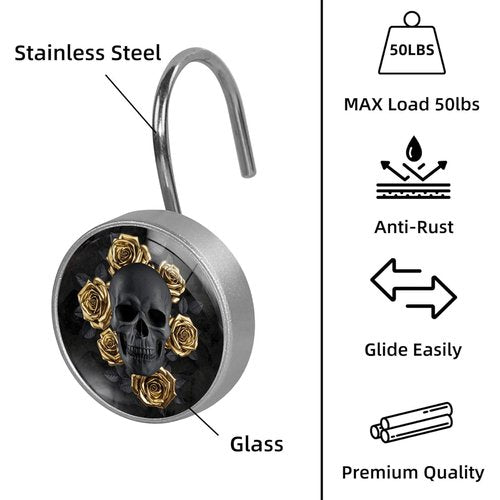 Black Skull with Gold Roses Shower Curtain Hooks Set of 12 Rustproof Metal Decorative Shower Hooks for Curtains Rods Shower Curtain Rings for Bathroom Living Room Bedroom