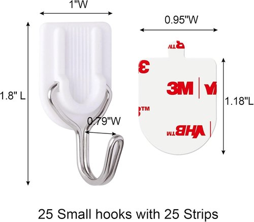 Heavy Duty Adhesive Wall Hooks - 25 Pack No Damage Strips for Keys, Coats, Towels & More