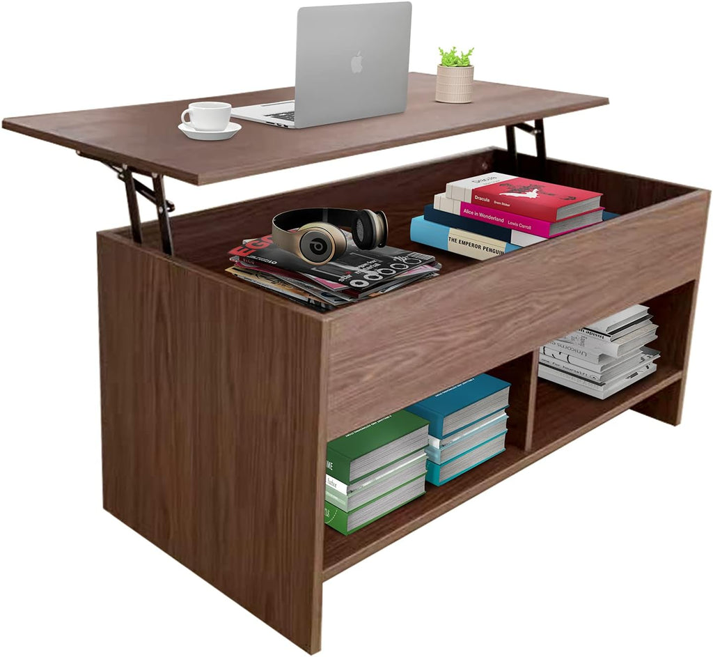 Skiennix Lift Top Coffee Table - Modern Pop-Up Design with Hidden Compartment & Storage Shelf | Brown