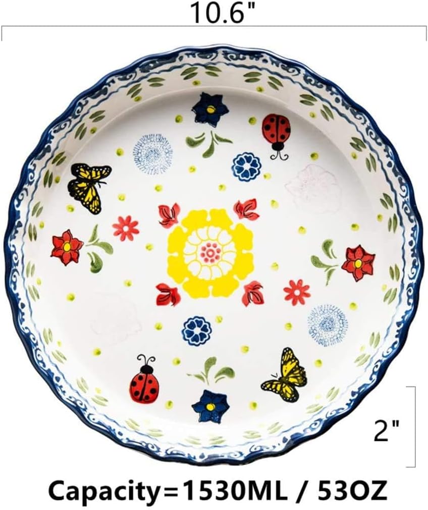 Skiennix Ceramic Pie Pan - 10 Inch Round Bakeware Dish with Butterfly Design