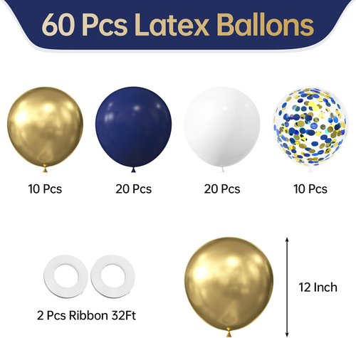 KALOR 12-Inch Metallic Gold Latex Balloons - 60 Pcs Navy Blue & White Confetti for Parties & Celebrations
