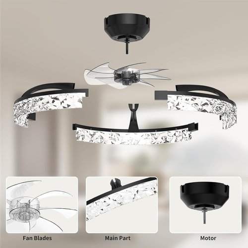 Aphyni Ceiling Fans with Lights and Remote, Crystal-Edged Modern Flush Mount LED Fan Light, 6 Wind Speeds Low Profile Fandelier Ceiling Fan with Light for Bedroom, 3000-6500K Dimmable (19.7" Black)