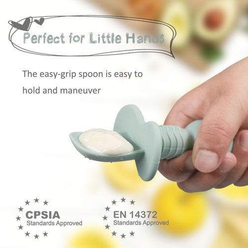 Ginbear Baby Spoons - Platinum Silicone Self-Feeding Utensils for Infants | Soft BLW Supplies, Pack of 4 (Dark Sage/Ivory)