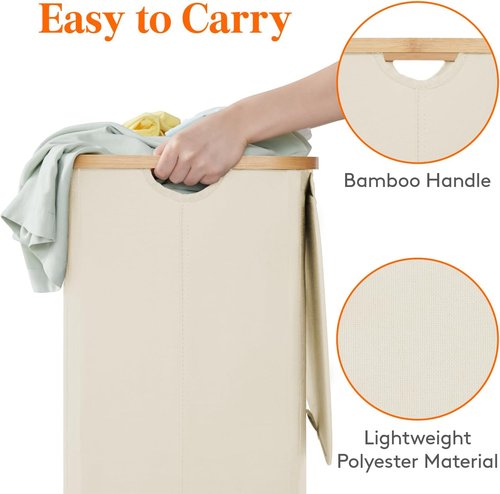 Lifewit 100L Laundry Basket - Foldable Hamper with Lid & Bamboo Handles | Large White Design