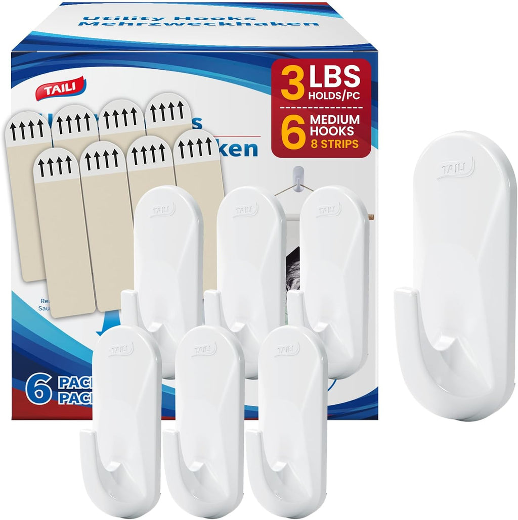 TAILI Heavy-Duty Hooks for Hanging | 6 Plastic Sticky Hooks with 8 Adhesive Strips - White, No Damage, Removable & Reusable