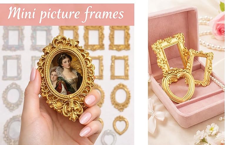 20 Mini Vintage Picture Frames Set - Antique Gold & Holographic Resin