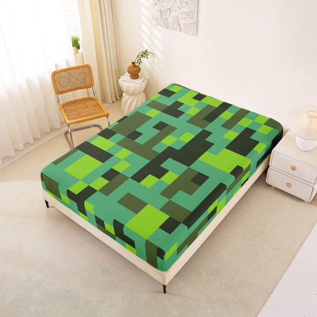 Pixel Grid Miners Kids Twin Size Fitted Sheet,Geometric Grid Patchwork Pixelated Boys Girls Bed Sheets,Cartoon Gamepad Video Games Room Decor,Cyan Green Bedding Set,1 Pillowcase(No Flat)