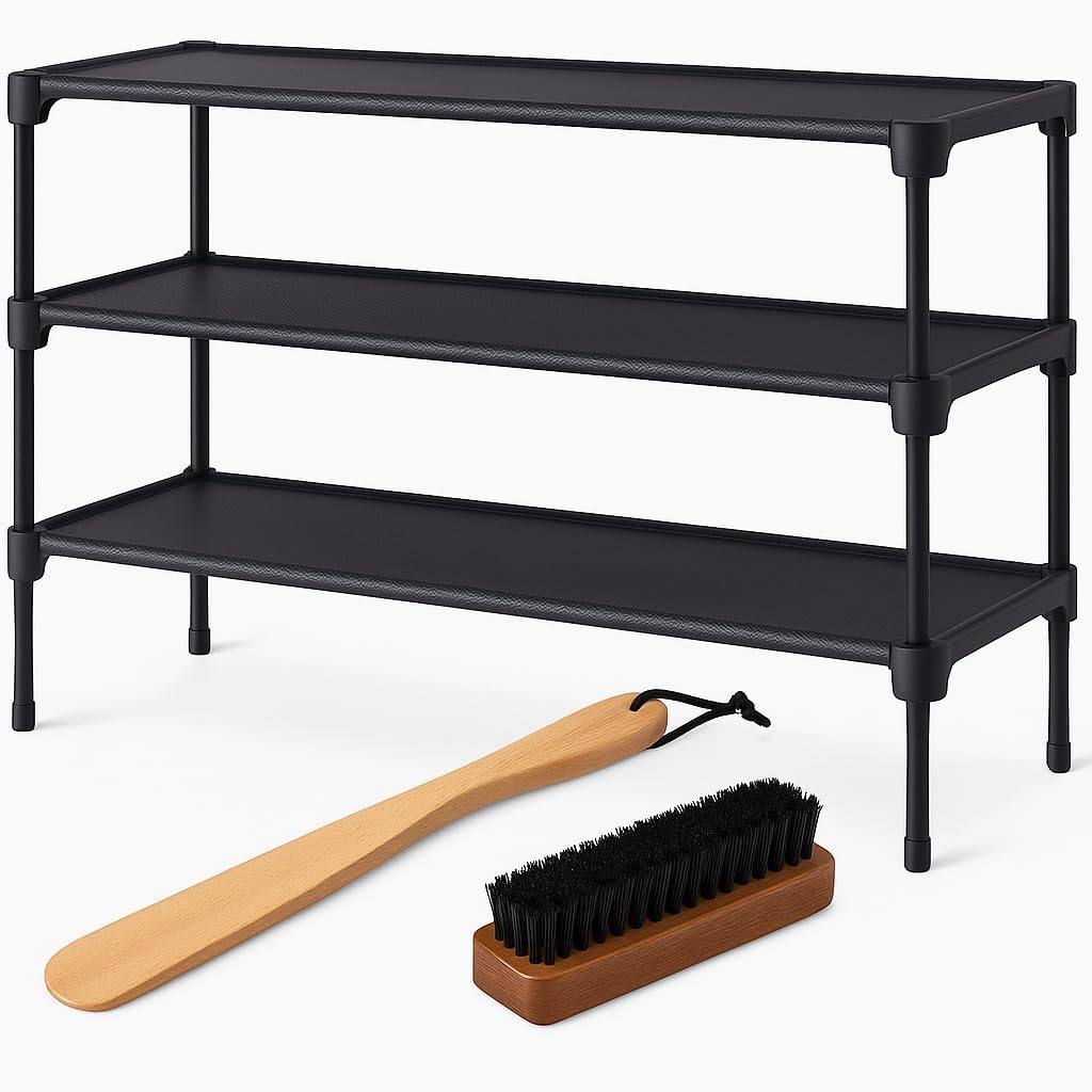 Non-Woven Shoe Rack by [Brand Name] - 3-Tier Stackable Shoe Organizer for Closet & Entryway - 27.5" Wide, Black