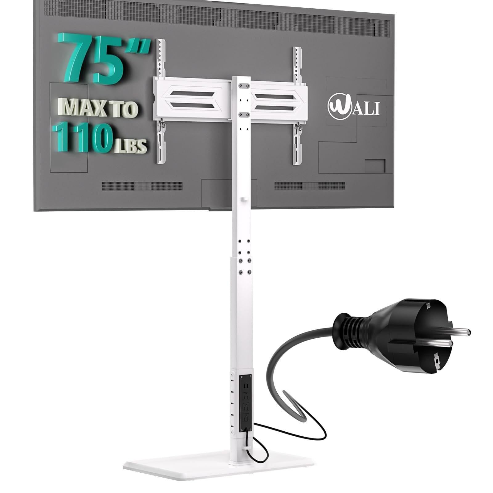WALI Floor TV Stand with Power Outlet, Tall TV Stand Mount for 32-75 inch TVs up to 110 lbs, Swivel and Height Adjustable TV Stands with Wood Base for Bedroom, Office(TVDVD-7PW), White