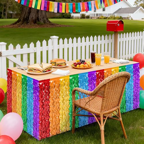 Rainbow Table Skirts - 2 Pack Tinsel Fringe for Party Decor