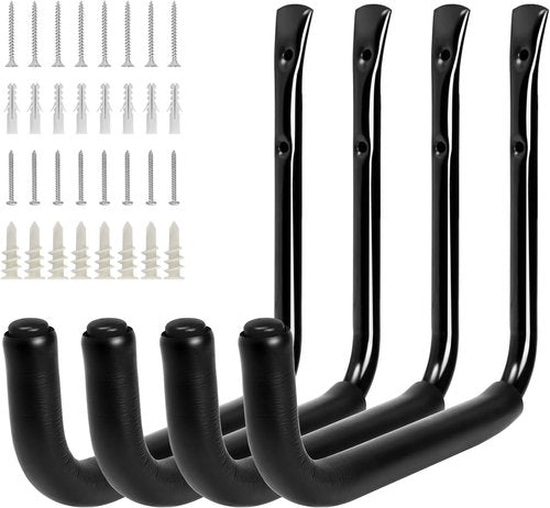 KURUI 10" Heavy Duty Garage Wall Hooks - 66 LB Capacity for Ladders, Hoses & Tools | 4 Pack, Black