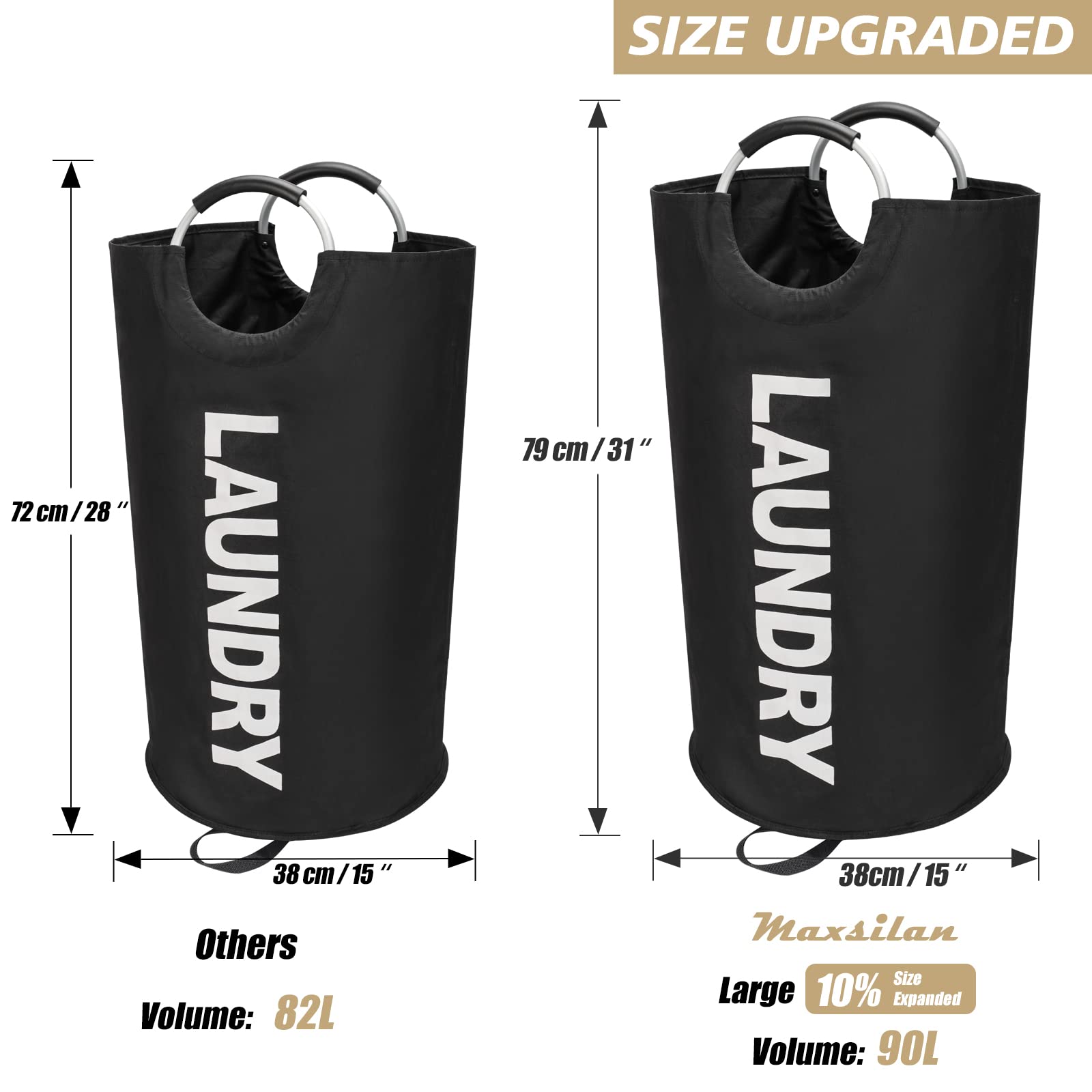 Maxsilan 90L Large Laundry Basket, Freestanding Tall Clothes Hamper, Collapsible Laundry Bag, Black