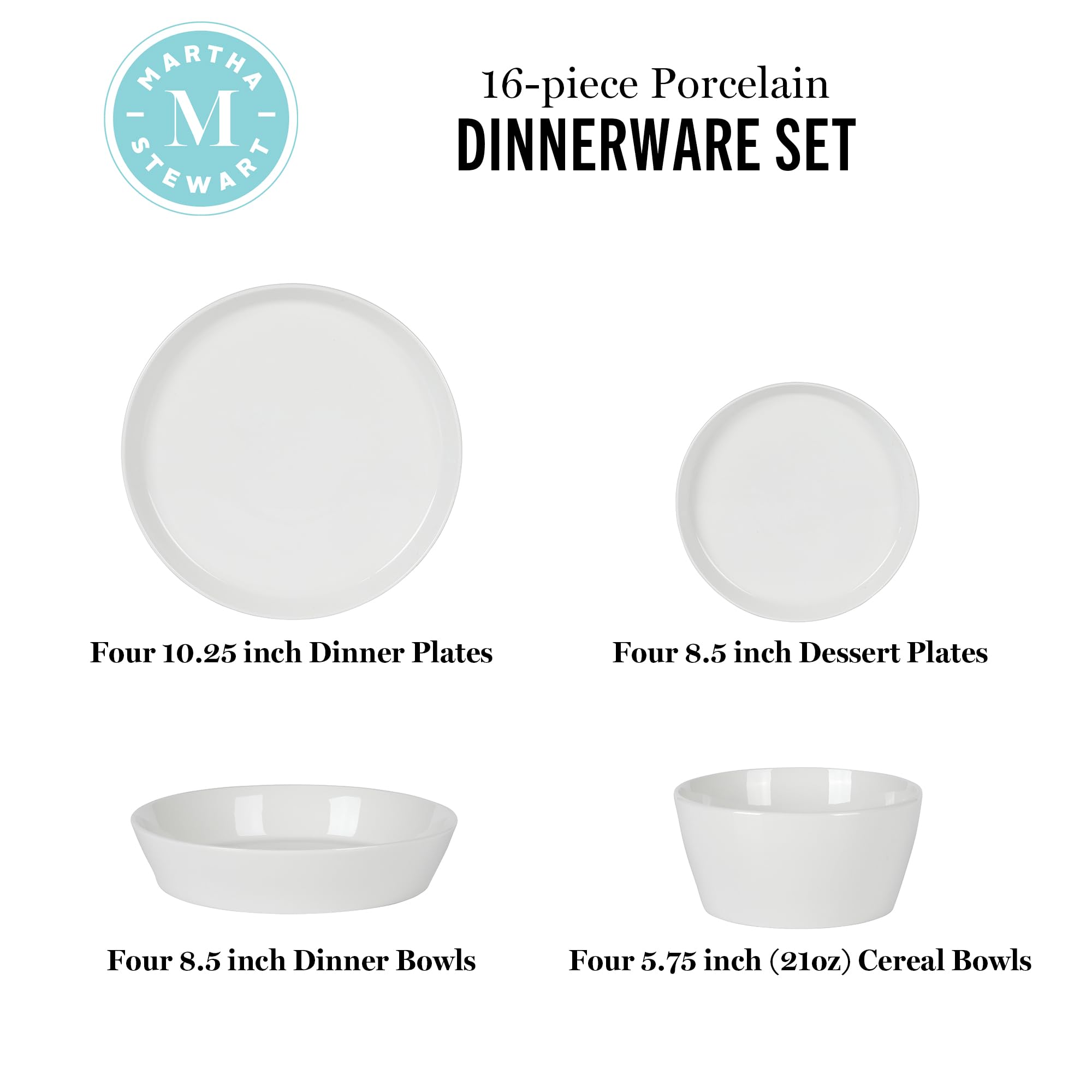 Martha Stewart Selma Chip & Scratch Resistant Dinnerware Set Service for 4 (16pcs) – White Plates and Bowls, Durable Dishwasher and Microwave Safe Dishes Set for Everyday Use