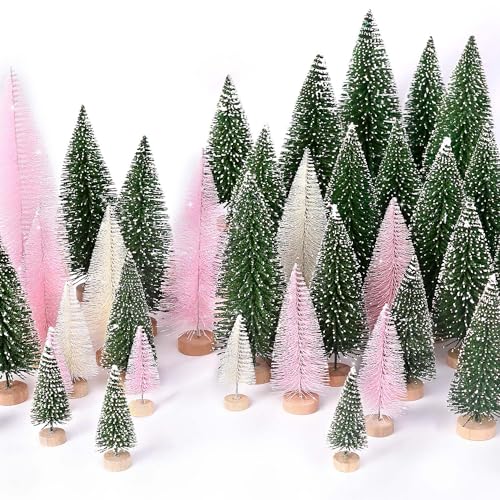 Mini Christmas Tree Set 30pcs Artificial Bottle Brush Trees with Wooden Bases - Colorful Holiday Decor, Pink, Green & Beige
