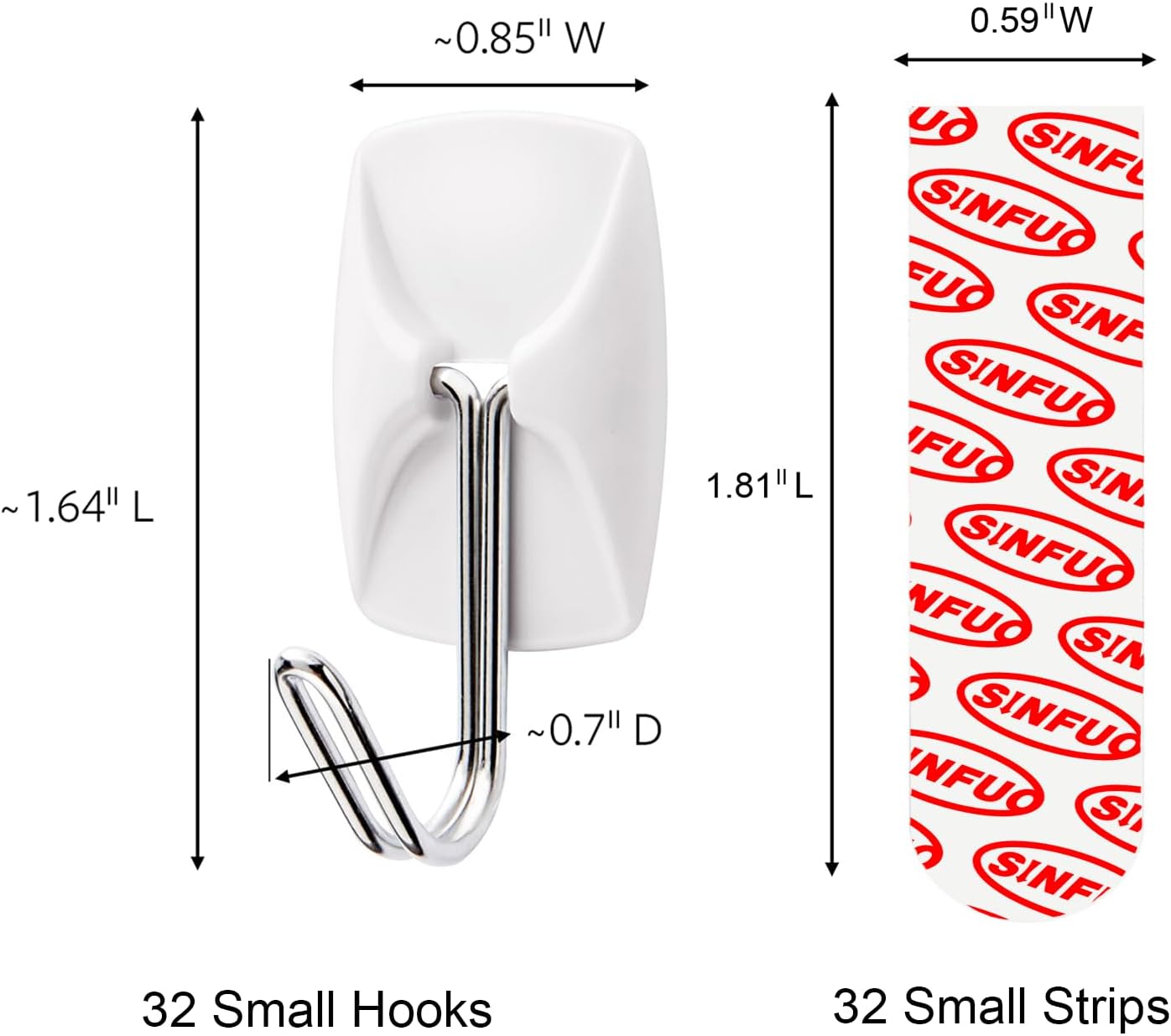 Sinfuo Heavy-Duty Wall Hooks - 32 Small Wire Hooks with 36 Damage-Free Adhesive Strips | Perfect for Keys, Coats, and More