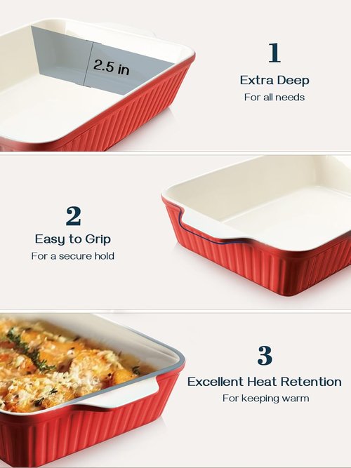 DOWAN 9x13-Inch Deep Casserole Baking Dish - 135 oz Ceramic Pan with Handles, Oven Safe, Red