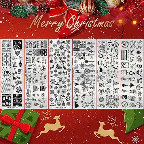 6-Piece Christmas Nail Stamping Plate Kit with Snowflakes & Elk