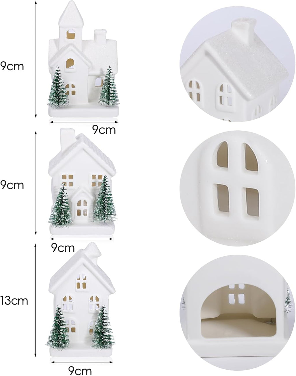Regine Switzerland Indoor Christmas Village Set - 3 Lighted Ceramic Houses with Trees | Rustic White Holiday Decor