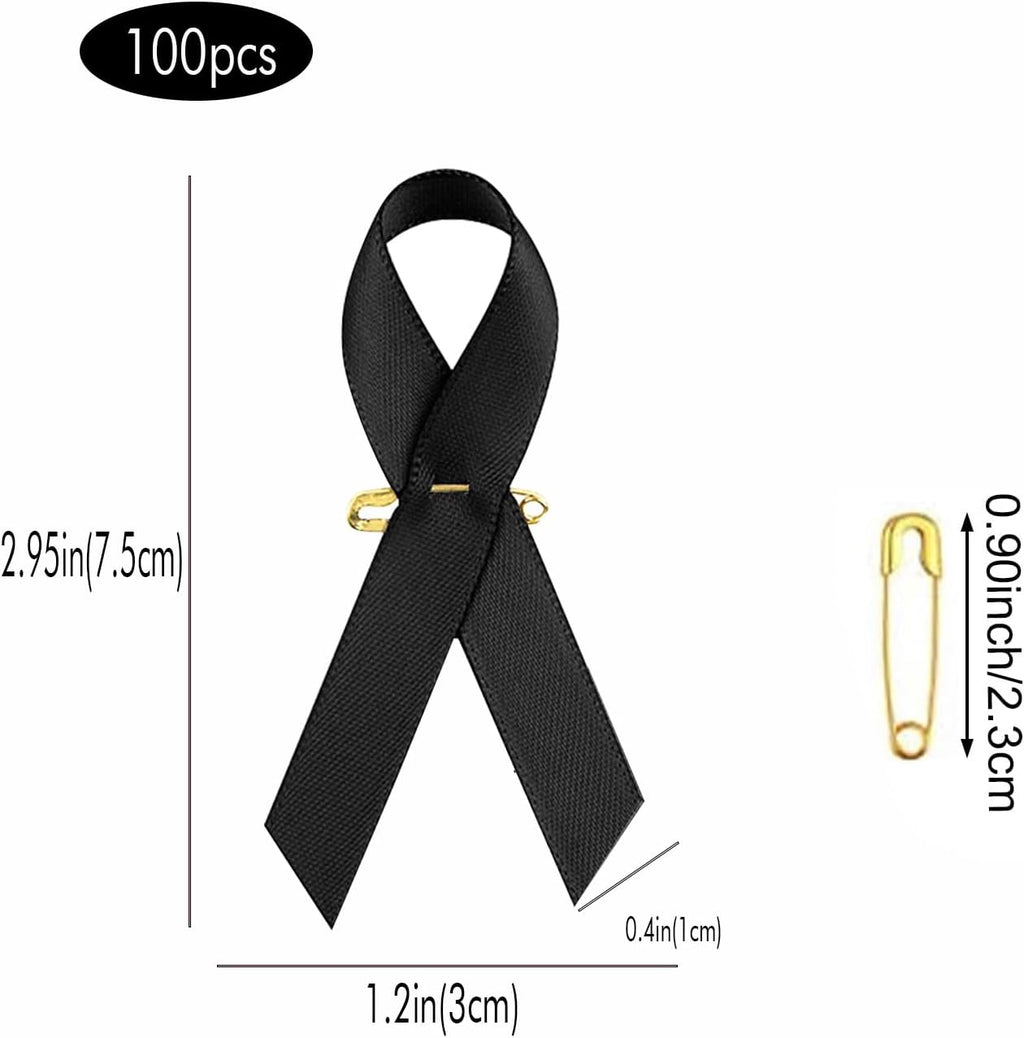 Skiennix Black Ribbon Awareness Pins - 100pcs Satin Brooches for Melanoma & Skin Cancer Remembrance