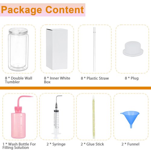 Maucircol 16 Oz Acrylic Snowglobe Tumbler Cup Supplies, 8 Pack Pre-Drilled Double Wall Plastic Snowglobe Tumbler Starter Kit Including Funnel Squeeze Bottle Funnel
