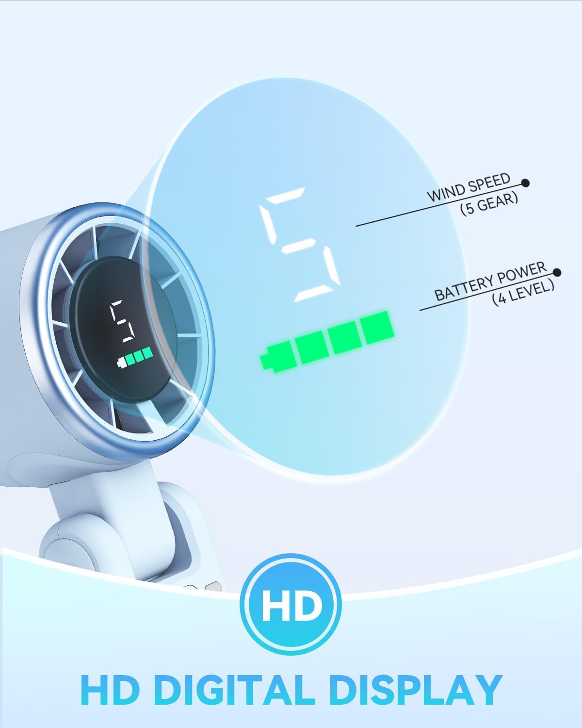 PlayHot Portable Handheld Turbo Fan - 5-Speed Rechargeable Personal Fan | 5000mAh Battery, 12-Hour Use, Lightweight 0.6lb, 3-in-1 Hand/Neck/Desk Fan (Blue)