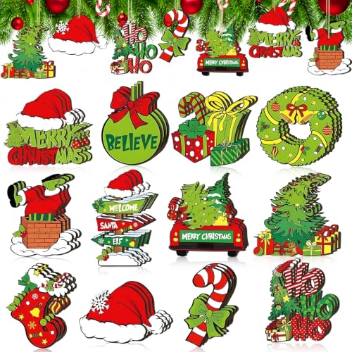 Christmas Tree Decorations 36pcs Wooden Ornaments Red Green White Holiday Decor