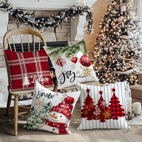 Artmag Christmas Pillow Covers Set of 4 - 18x18 Inch Buffalo Plaid Snowman & Tree