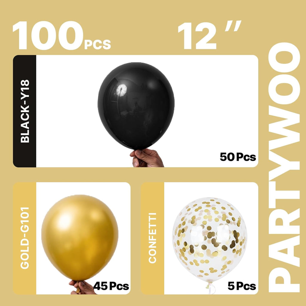 PartyWoo Gold & Black Balloons - 100pcs 12-Inch Metallic Balloons for Celebrations & Events