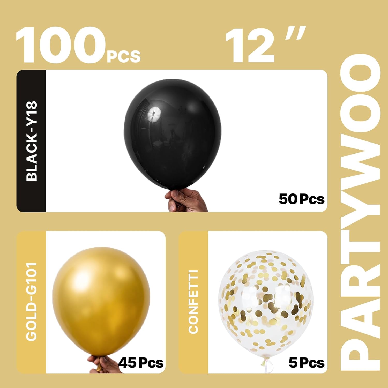 PartyWoo Gold & Black Balloons - 100pcs 12-Inch Metallic Balloons for Celebrations & Events