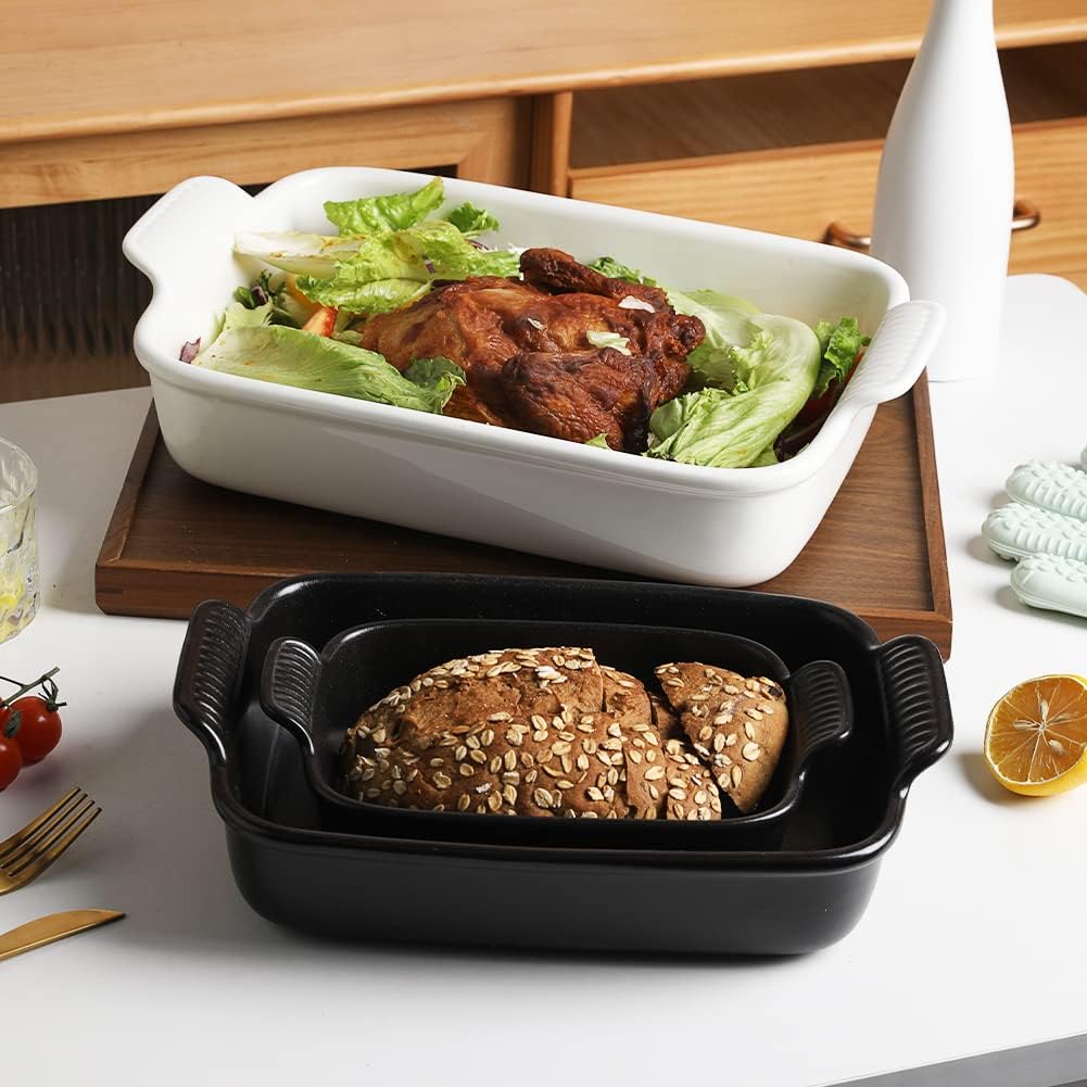 Sweejar Baking Pans Set - Durable Ceramic 9x13 Baking Dish with Handle | 3-Piece Casserole Bakeware Set in White