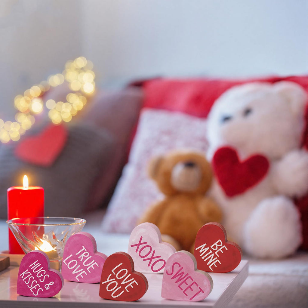 Smile Valentine's Day Heart - Shaped Wooden Block Decor, Be Mine XOXO Sweet & More Love Phrases, Valentine Indoor Decoration