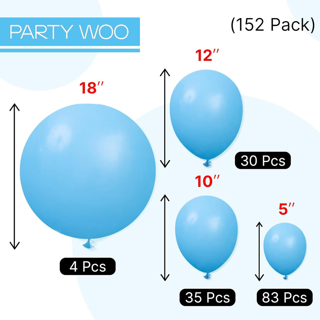 PartyWoo Light Blue Balloons - 152-Piece Baby Pastel Blue Balloon Arch Kit | Various Sizes for Celebrations