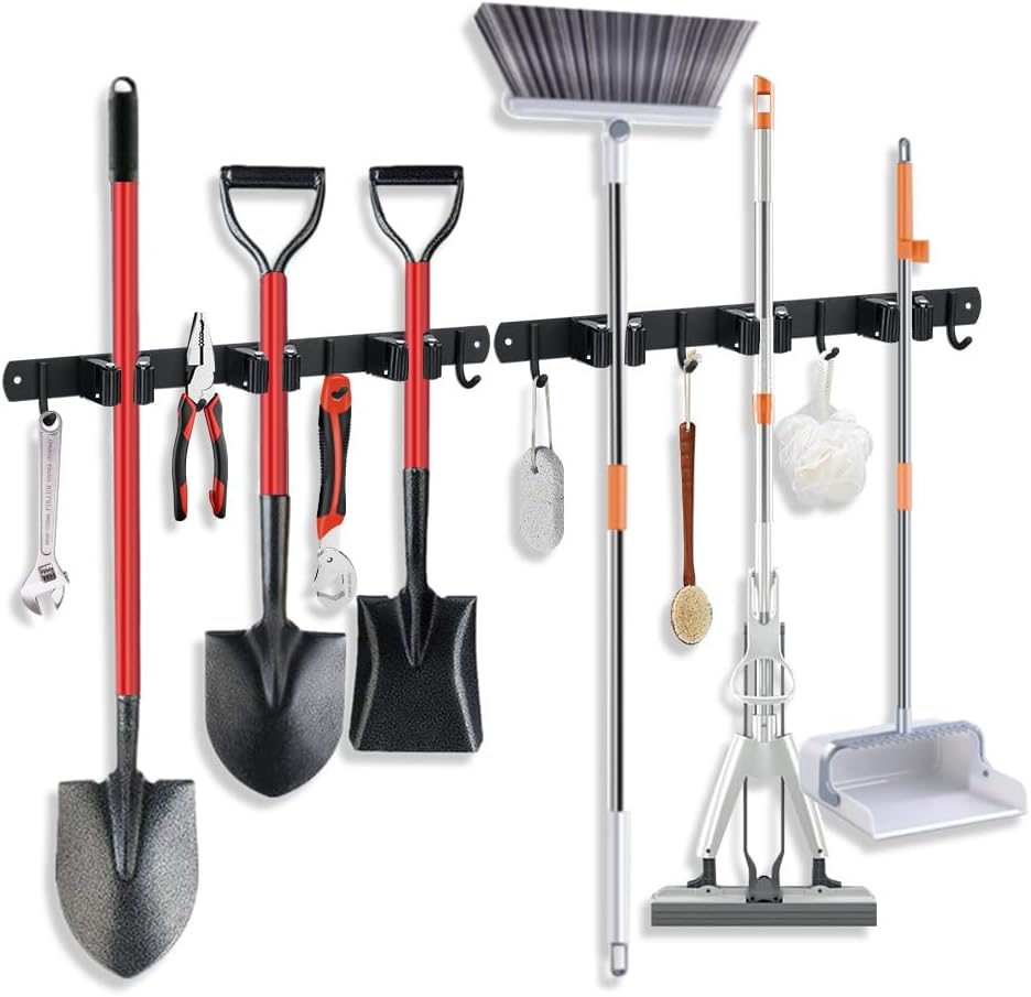 Skiennix Heavy-Duty Broom Hanger & Mop Holder - Wall-Mounted Organizer Rack with 4 Hooks | Matte Black