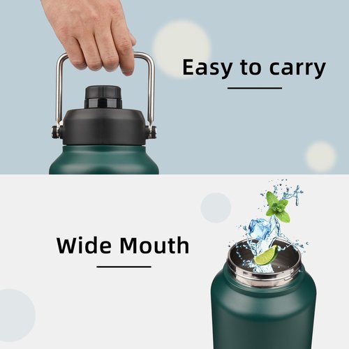 Konokyo 1 Gallon Jug with Handle,128 oz Insulated Water Bottle with Carrying Pouch, Double Wall Vacuum Stainless Steel Metal Bottle,Dark Green