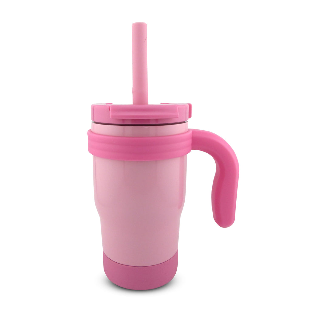 Boldstar Creations Kids Insulated Tumbler, 14 Oz, Double Wall, Integrated Handle, Straw, Flip Lid, Spill Proof (Blue) (Pink)