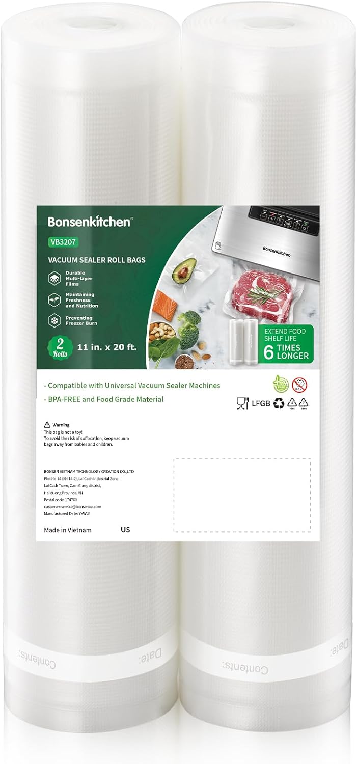 Bonsenkitchen Vacuum Sealer Bags - Heavy Duty 11" x 20' Rolls | BPA-Free Food Storage Saver, Ideal for Sous Vide Cooking